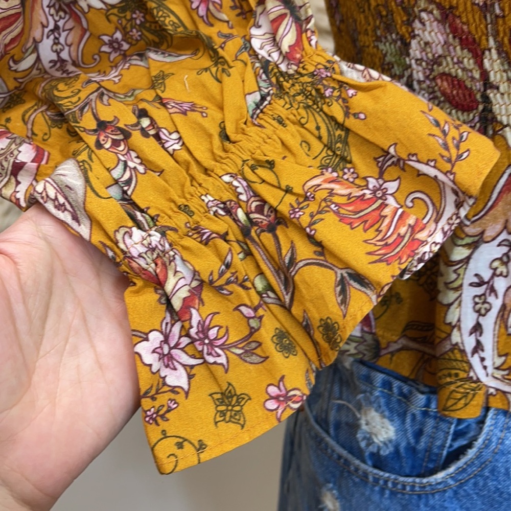 Anthropologie smocked Sweetheart Blouse Yellow Motif (consistently Apply) - Picture 6 of 15